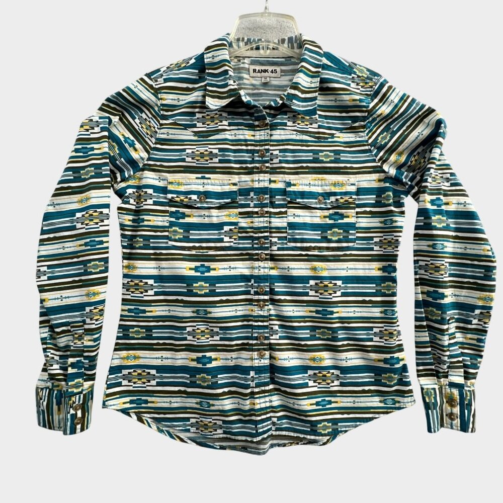 RANK 45 Button Up Shirt Womens Medium Teal Western Aztec Southwestern Geometric